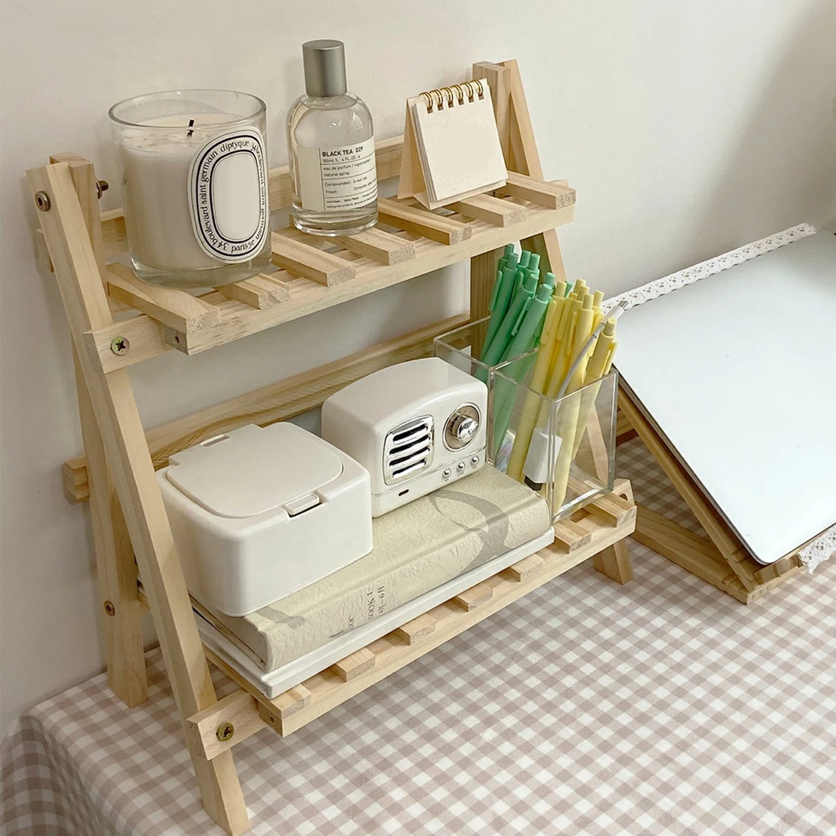 

Wooden Desktop Storage Rack Double-Layer Desktop Storage Shelf Folding Desk Storage Organizer Heavy-Duty Multifunctional