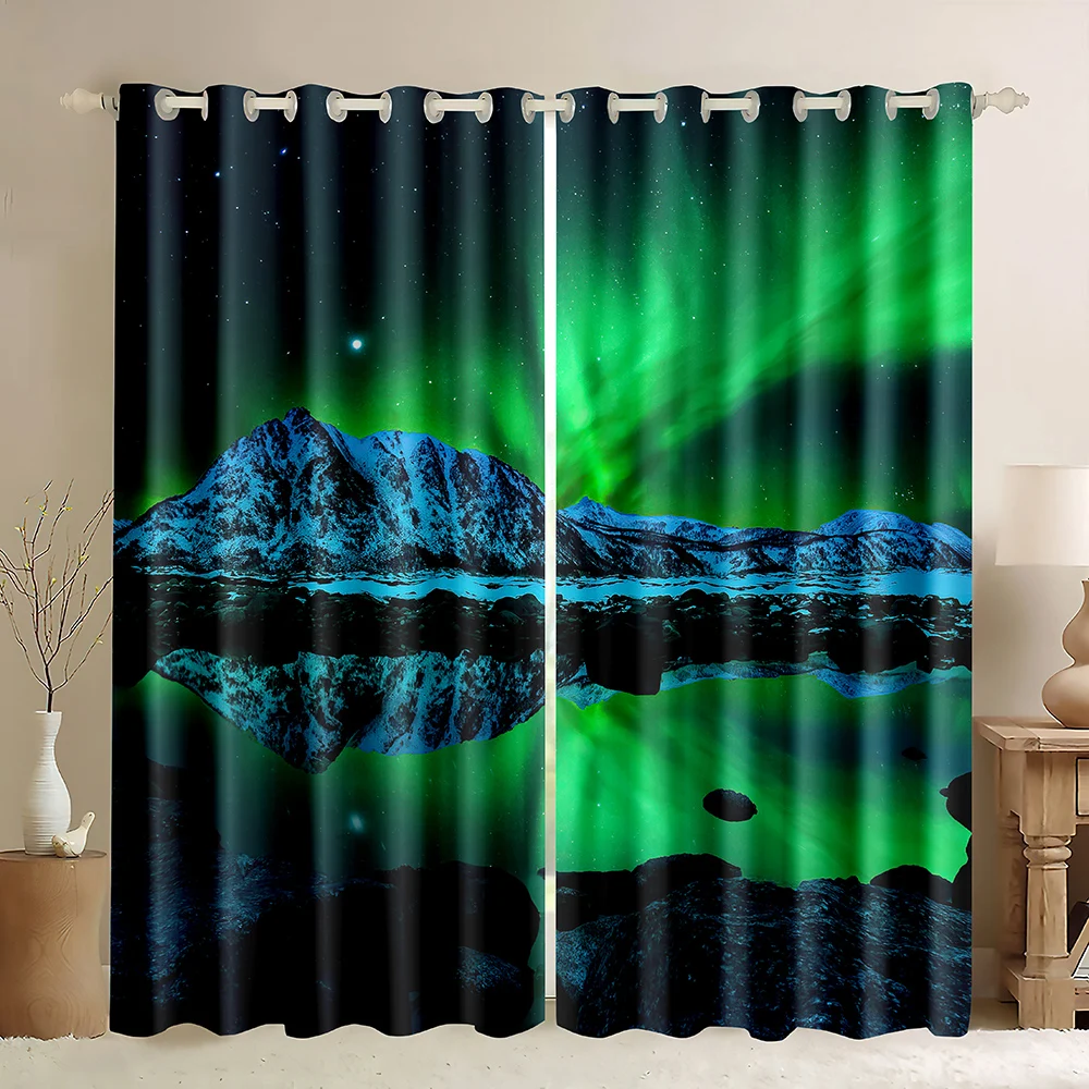 Оконная занавеска Northern Lights фиолетово-зеленая плотная Snow Mountain Reflection Aurora Borealis Forest
