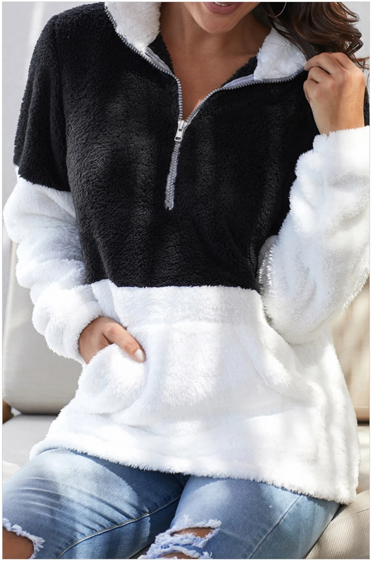 Fashion Women's Winter Warm Fur Coats Ladies Stand Collar Contrast Color Zipper Pocket Pullover Hoodies Thick Outerwear