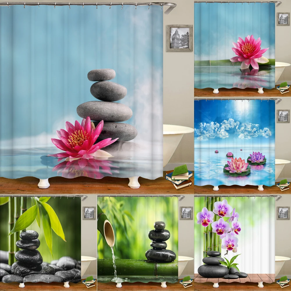 

Zen shower curtain 3D stone running water flower plant shower curtains waterproof mold proof curtain washable Zen shower curtain