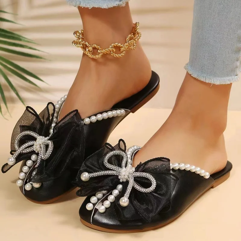 

2023 Fashion Women's Shoes Closed Toe Women's Slippers Summer Bow Sequin Pearls Shoes Female Round Toe Flat Slippers Zapatos