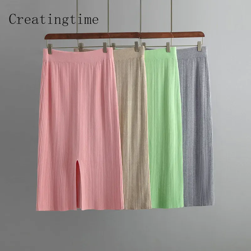 

Back Split Knitted Pit Strip Skirt For Women Solid Color Elastic Waist Stretch Wrap Hip Temperament Thin Skirts Autumn New 1A236