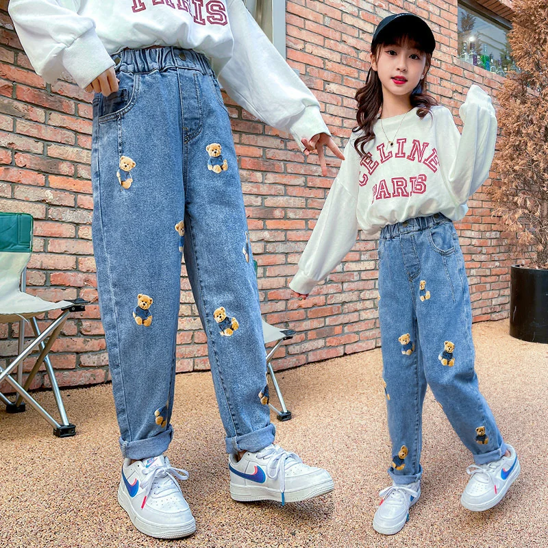 

Длинные брюки для девочек, хлопковые джинсовые брюки, весна-лето 2023, Спортивная школьная детская одежда для подростков с медведем