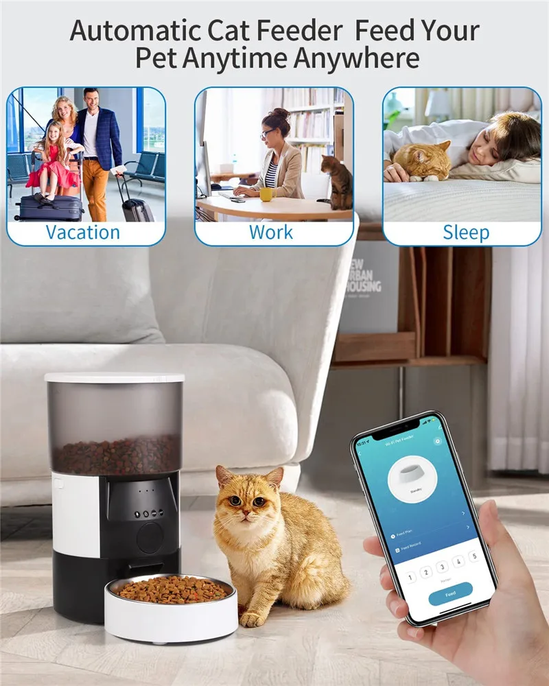 

Автоматическая кормушка для кошек, умный дозатор сухого питания с таймером, Wi-Fi, 3 л, дистанционное управление через приложение