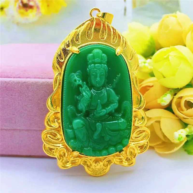 

HOYON 14K Yellpw Gold Guanyin Buddha Pendant for women and men Gold Inlaid Jade Pendant Jade couple jewelry 64x45mm 36g