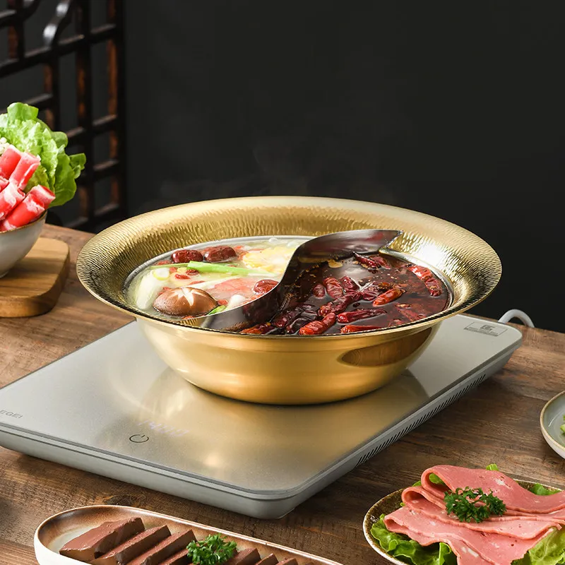 Фото Коммерческий утолщенный котелок из нержавеющей стали 304 с молотковым узором, для двух видов блюд, для индукционных и газовых плит, для приготовления прозрачных супов и горячих блюд №1