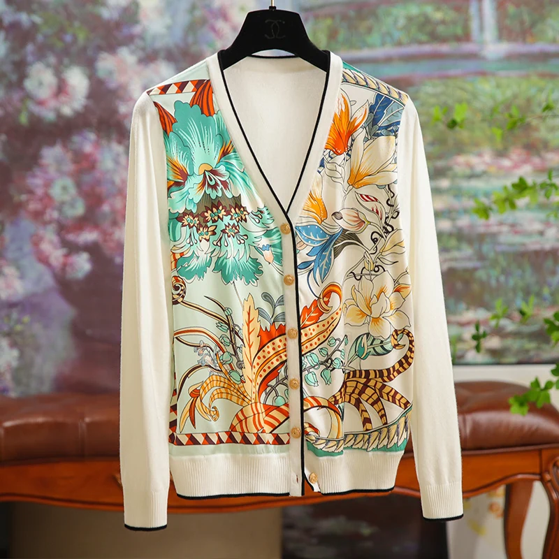 

High Quality Silk Patchwork V Neck Wool Cardigan for Womens Light Luxury Casual Print Office Lady Shirts & Blouses Temperament