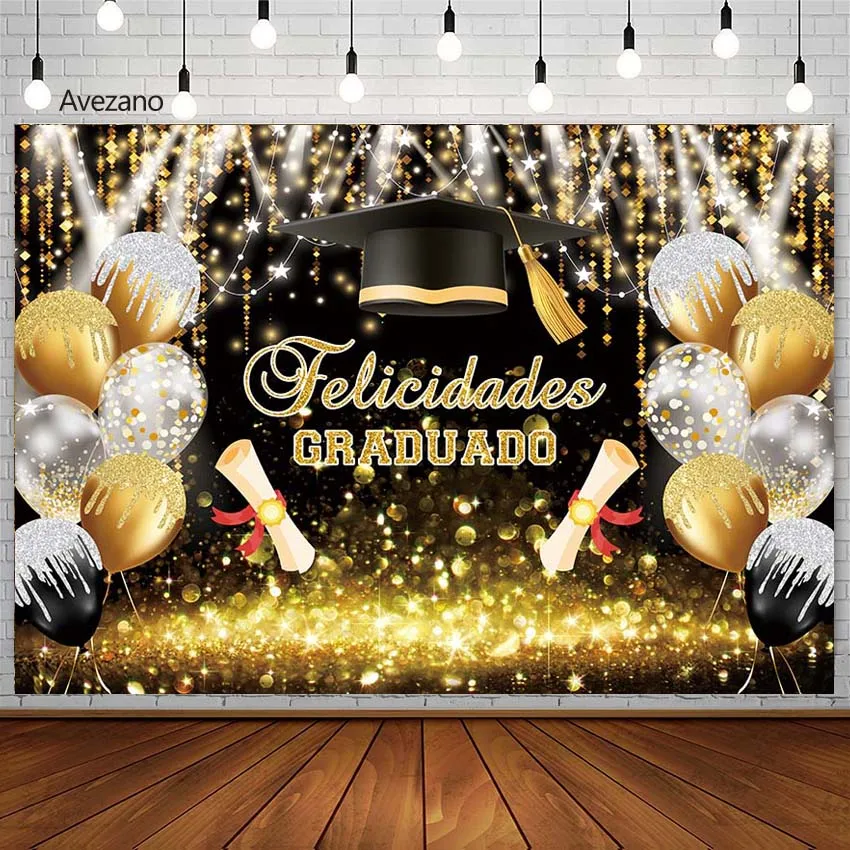 

Avezano Congratulations Ggraduation Backdrop Party Poster Gold Balloon Ribbons Black Portrait Decor Graduation Party Photography