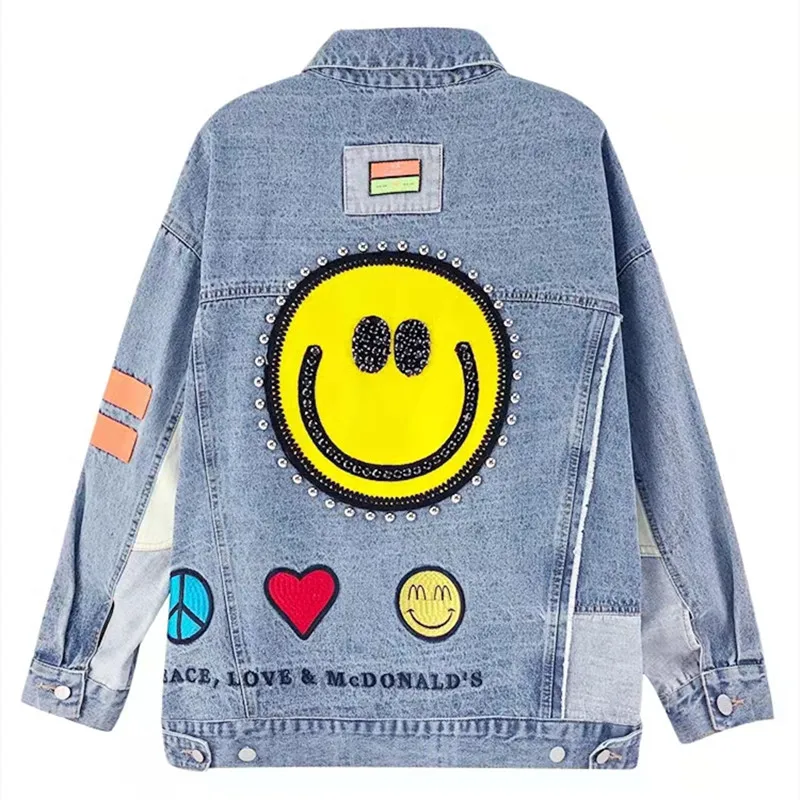 

Hip-hop Street Wear Long-sleeved Lapel Fashion Retro Smiley Graffiti 2023 New Spring And Autumn Loose Denim Jacket Female