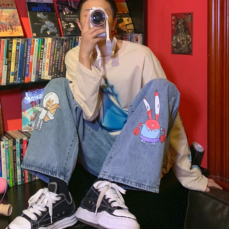 Men and Women Harajuku Cartoon Printed Jeans Korean Style Hip-hop Nine-point Loose Casual Fashion denim Harem Pants Streetwear