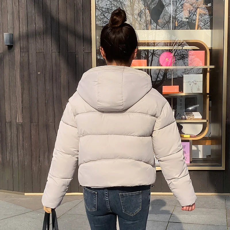 Solid Color Short Parka Coat for Fashion Big Pocket Hooded Loose Jackets Autumn Winter Women's Winter Coat Parkas Jacket Women