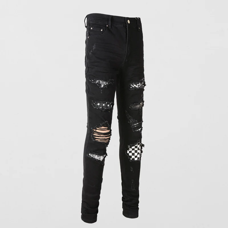 Streetwear Fashion Men Jeans Black Color Slim Fit Stretch Hole Ripped Jeans Men Plaid Patch Designer Hip Hop Brand Pants Hombre