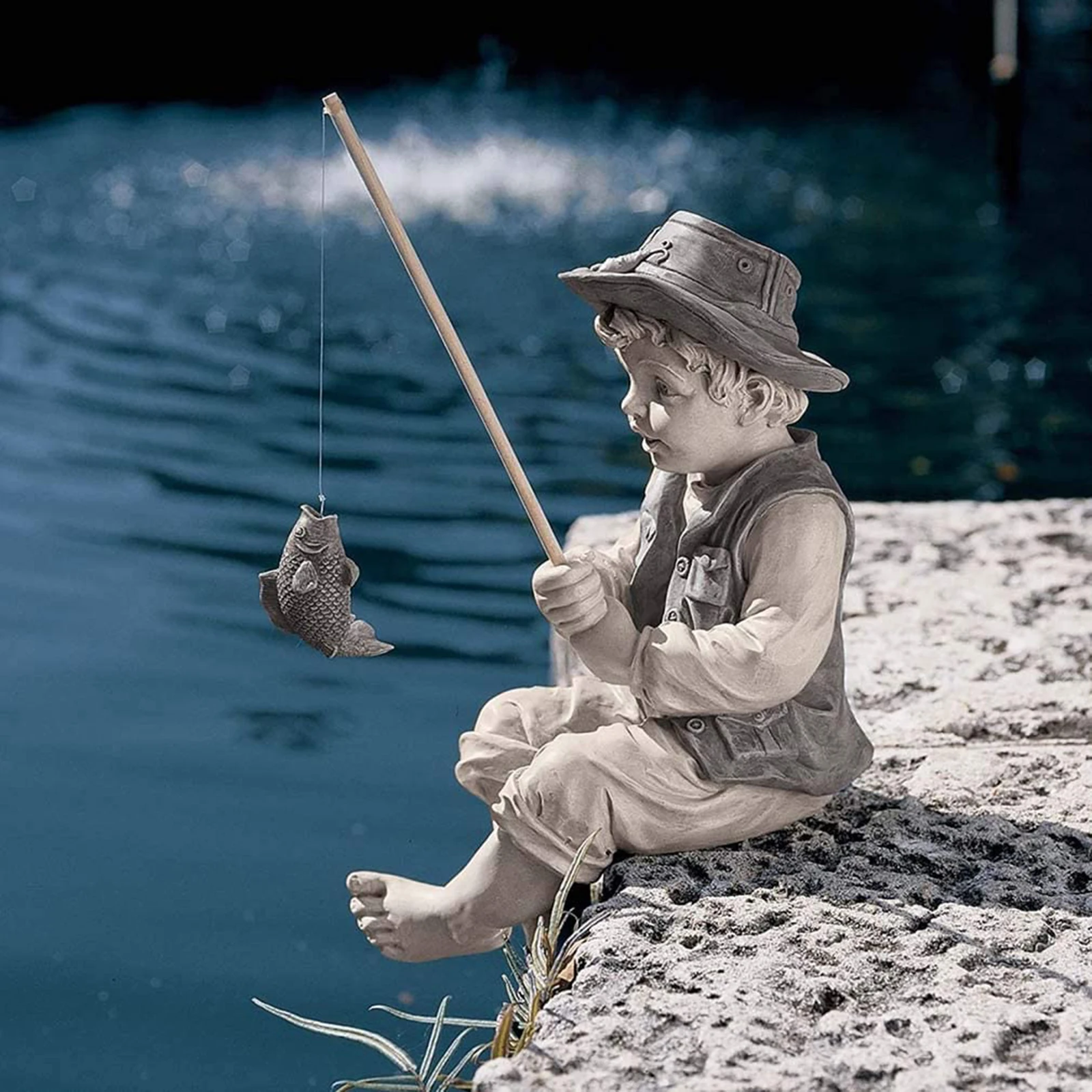 Garden Statue Gone Fishing Boy Ornaments Fisherman Boy with Fishing Rod Figurine for Pool Pond Yard Lawn Decoration