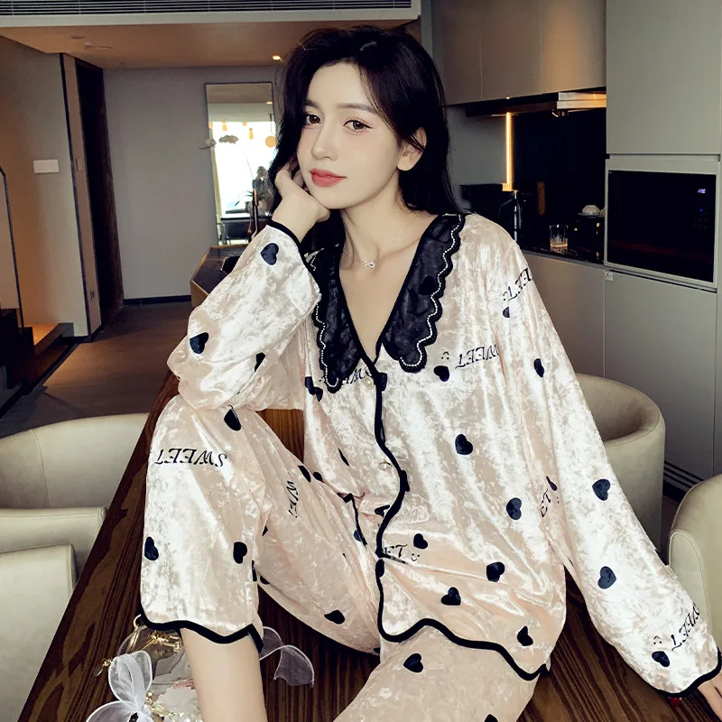 Women's Pajamas Set Velvet Sleepwear Cute Bow Print Lapel Homewear Casual Lace Nightwear Luxury Pyjamas Femme for Girl pajamas