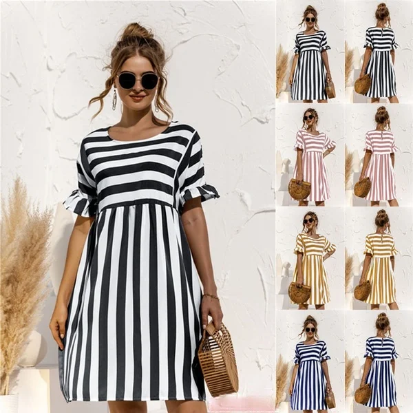 

Women Striped Mini Dress Summer Elegant Ruffle Sleeve Patchwork High Waist Dress Female O-Neck Loose Pocket Beach Dress Vestidos