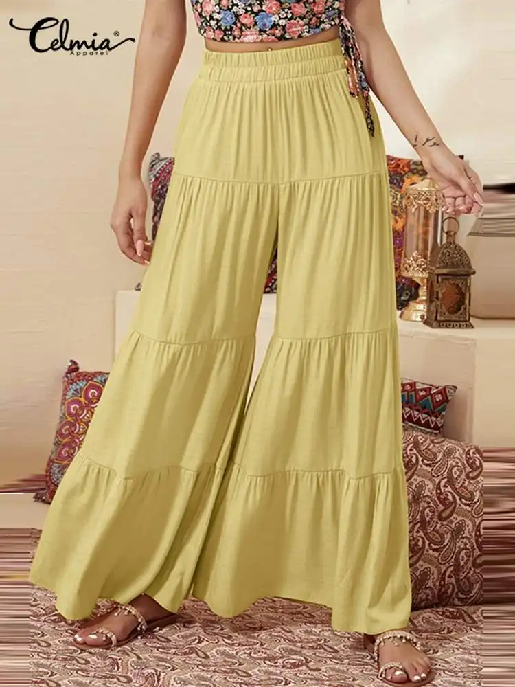 

Celmia Women Elastic Waist Pantalons Leisure Casual Pleated Stitching Shirred Long Pants 2022 Spring Fashion Wide Leg Trousers