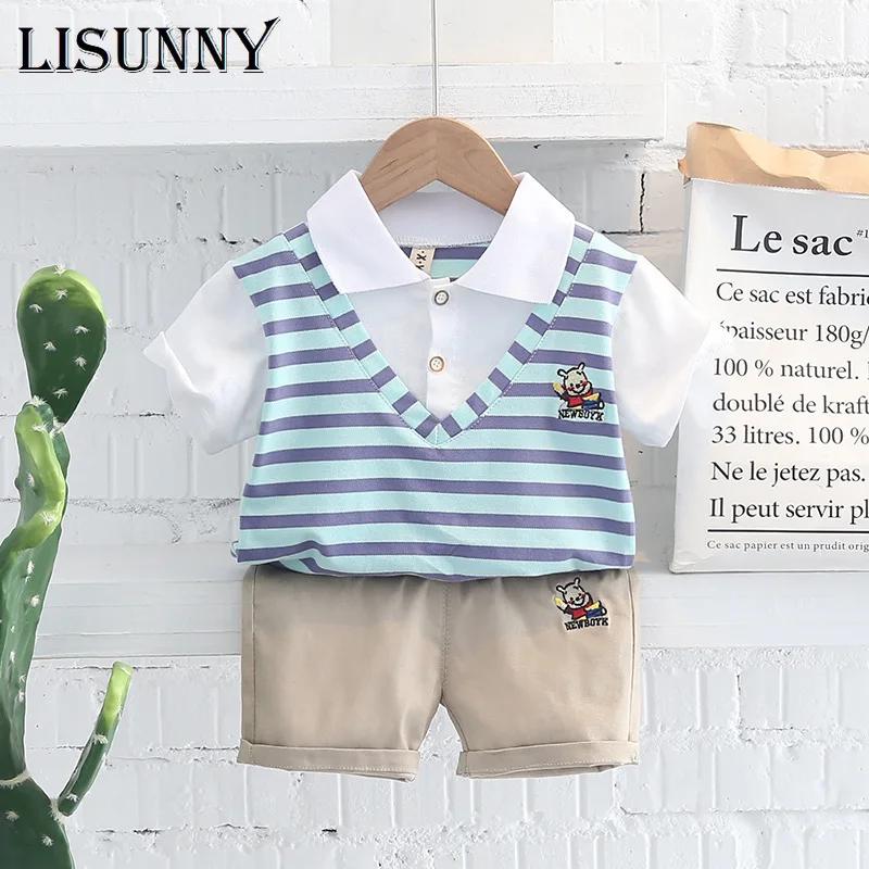 

Baby Boys Clothing Sets 2022 Summer Infant Short Sleeve Lapel Stripes T Shirt Shorts Kids Tracksuit Cotton Child Outfits 0-4y