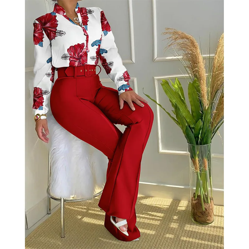 

Set intellectual flower lapel shirt flare pants two-piece set