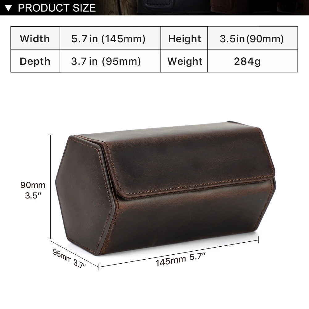 CONTACT'S FAMILY Rustic Leather 2-Slot Watch Case Box Luxury Pouch with Zipper Portable Organizer Bag Black Brown