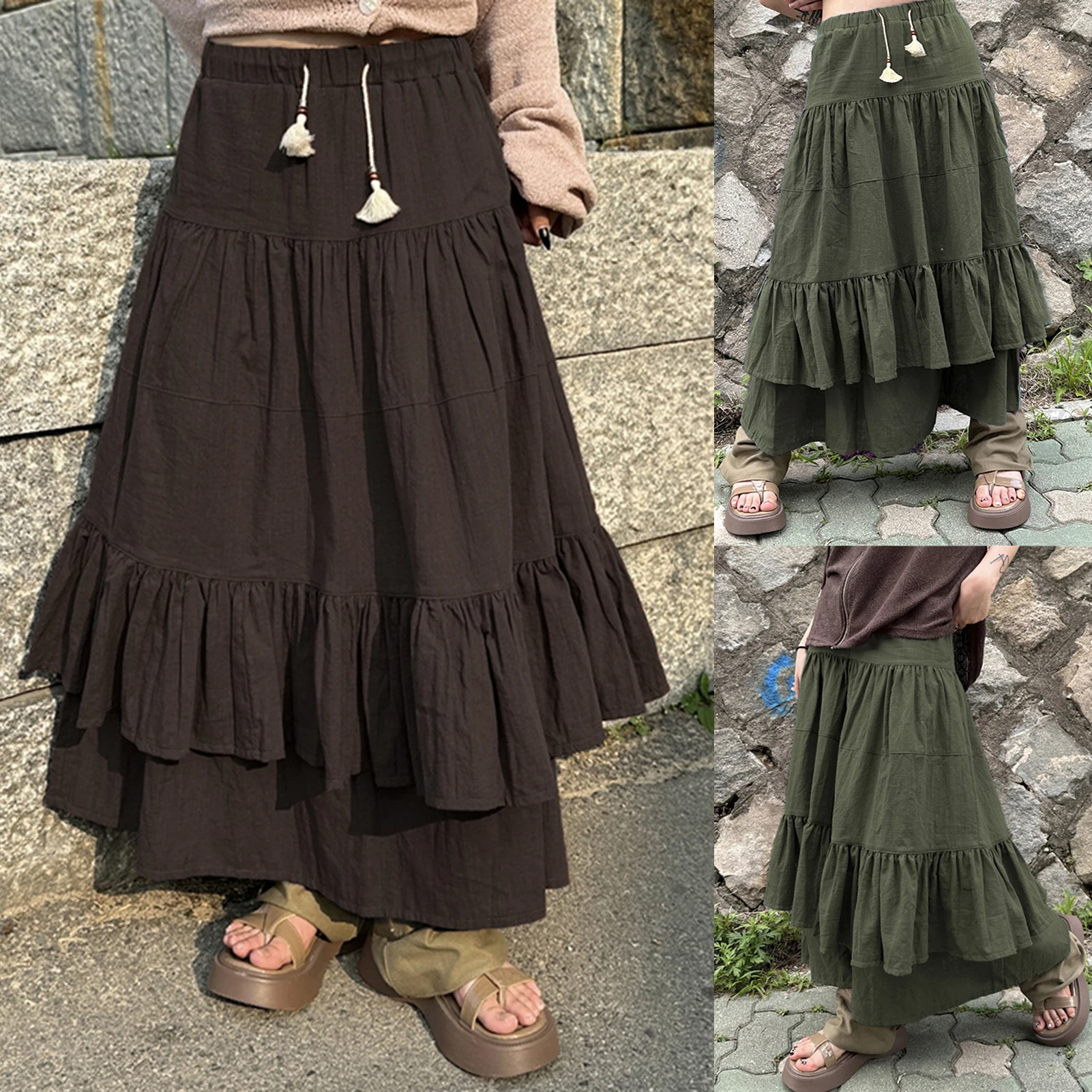

Long Skirt Ruffle Hem Ladies Swing Midi Skirt Boho Style Women Shirred Maxi Skirt Solid Color Loose Vintage Vacation Outfit