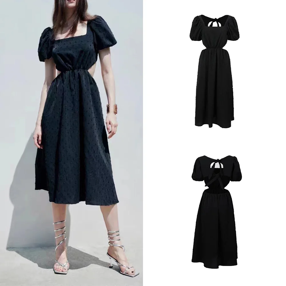 

PB&ZA summer new women's fashion pure desire wind temperament hollow jacquard black hollow dress UWG732146