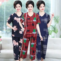 50 to 115 kg women wear suit short sleeve cropped pant middle aged mother two piece set print loose grandma outfits 3xl 8xl