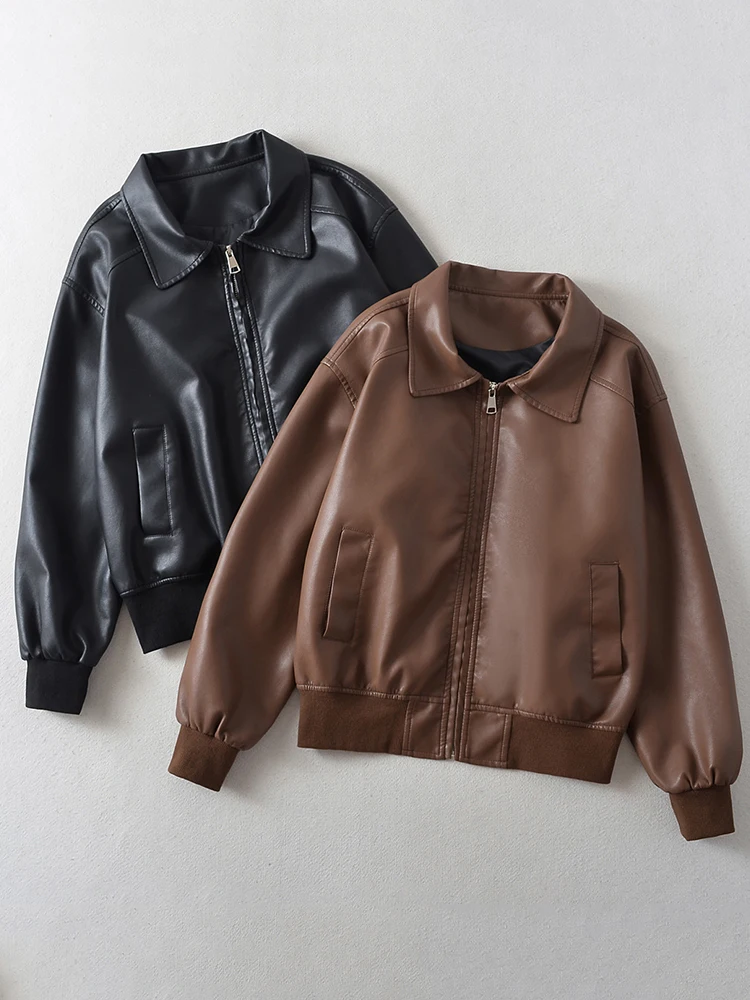 

Женская винтажная короткая куртка LY VAREY LIN, Уличная Повседневная байкерская куртка из искусственной кожи на молнии с отложным воротником, весна-осень