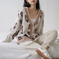 womens knitted leopard pants set spring autumn long sleeve v neck cardigan outwear harem pants lady casual knitwear suit