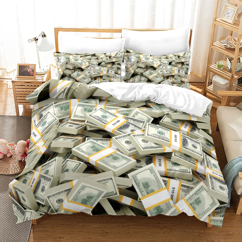

3D Modern Bedding Set Dollar Motif Printed Duvet Cover Vivid Comforter Cover 2/3 Pieces Money Maths Pattern Funny Bed Set