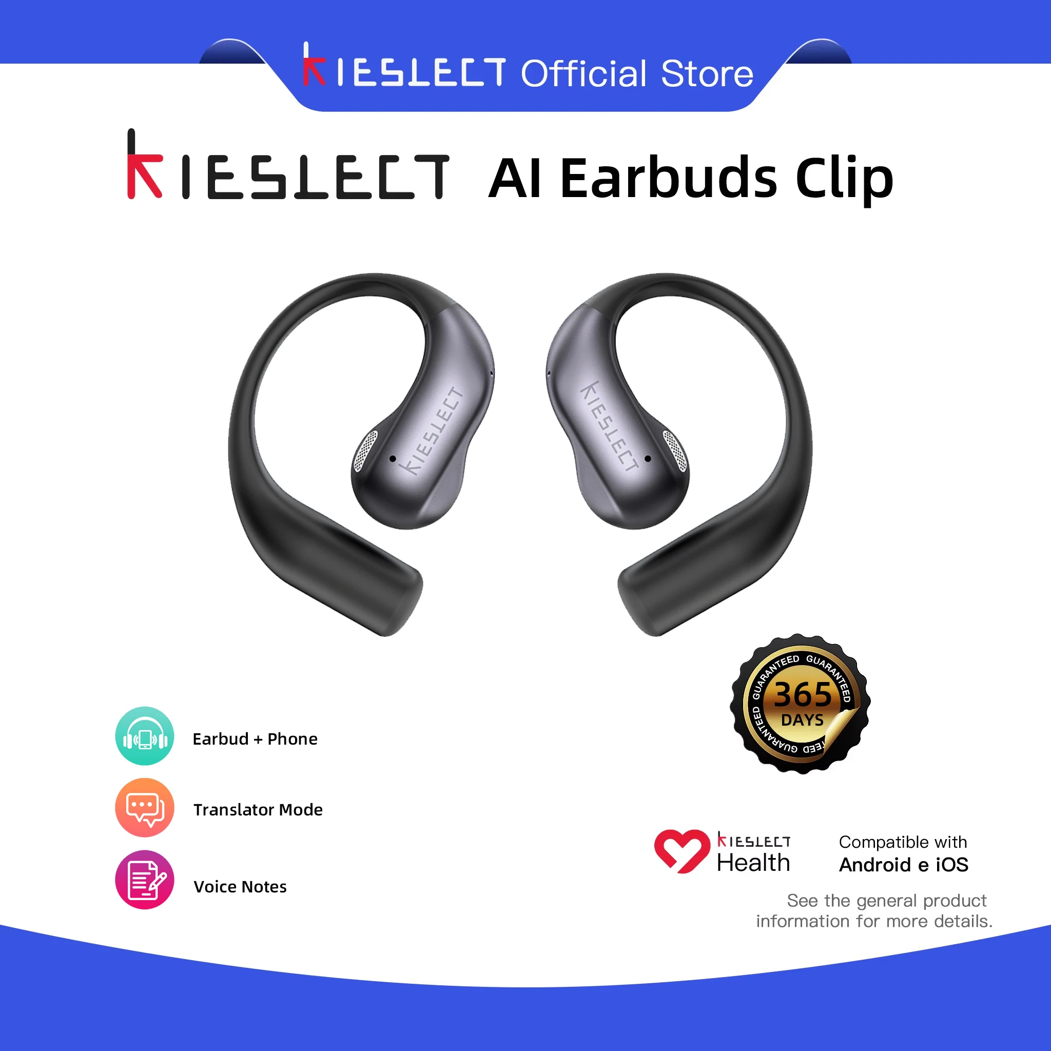 Фото Наушники-вкладыши KIESLECT Al с Bluetooth 6.0, двойным микрофоном, 450 мАч и функцией персонального AI-переводчика №1