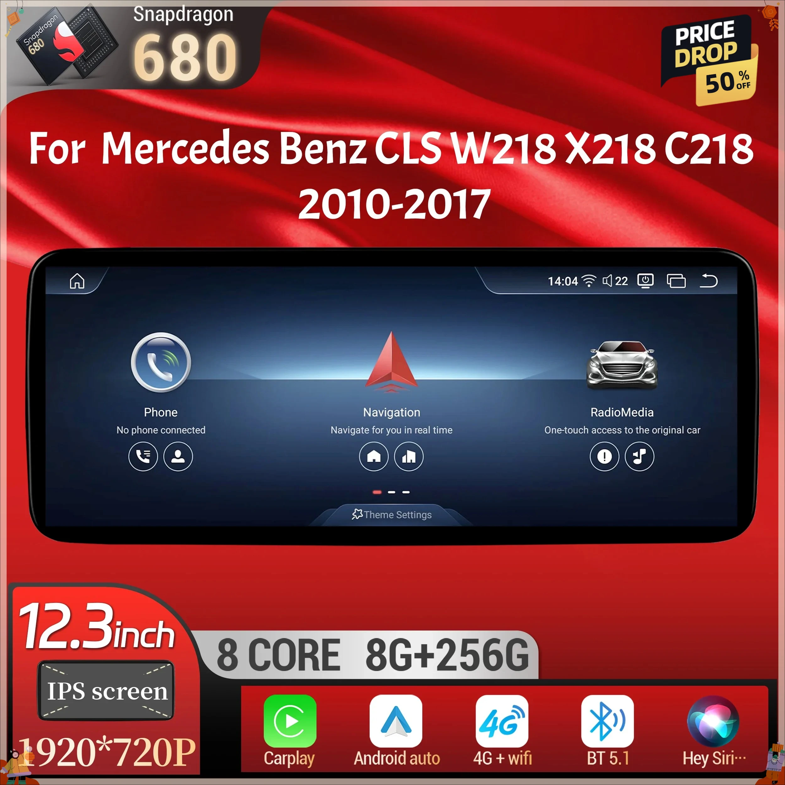 Фото 12.3-дюймовый автомобильный радиоприемник Android 13 с беспроводным BT Carplay, Snapdragon 680 SM6225, сенсорный экран для Mercedes Benz CLS W218 X218 C218 2010-2017 №1