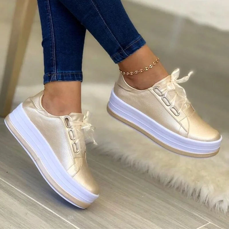 Woman Casual Sneakers Women Shoes Round Toe Platform Shoes Lace Up Tennis Female Vulcanized Shoes Solid Color Ladies Loafers