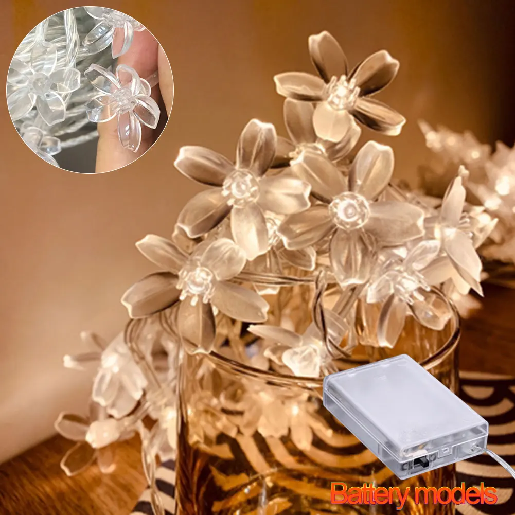 

Cherry Blossom Flower Garland Battery Powered LED String Fairy Lights Crystal Flowers For Indoor Wedding Christmas Decors White