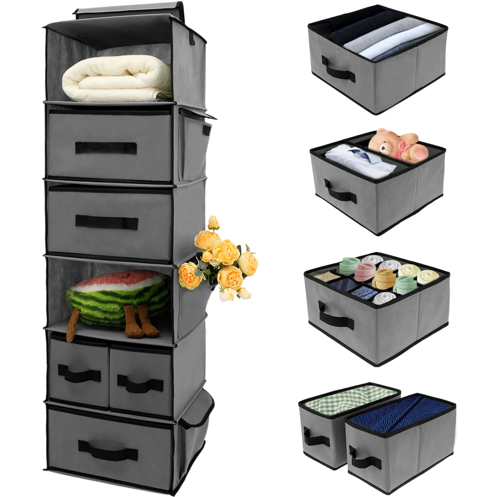 

Органайзер для шкафа с 6 полками, складной органайзер для шкафа с 5 съемными ящиками и 6 боковыми карманами