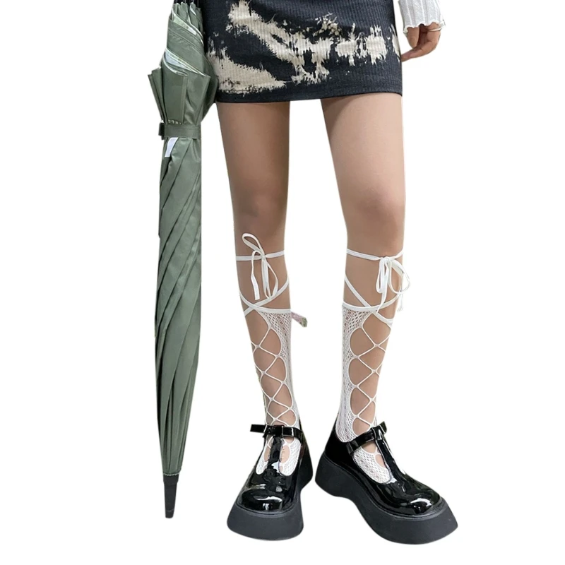 

Women Hollow Out Fishnet Calf Socks for Cross Ribbon Bandage Bow Stockings