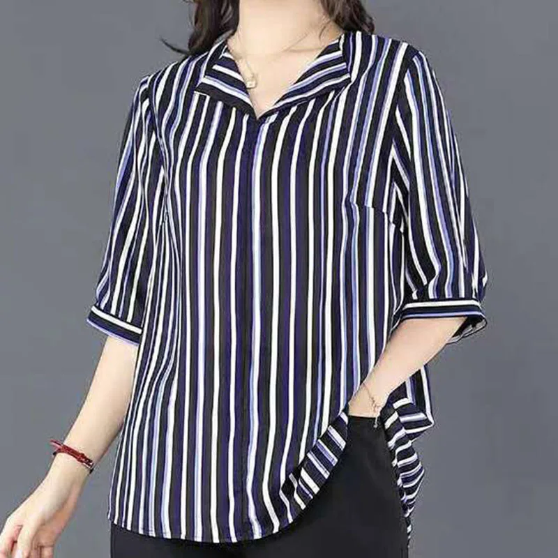 

5XL Summer Women Fashion Striped Blouse Oversized Loose Pullover V-Neck Half Sleeve Casual Female All-match Chiffon Shirt 2022