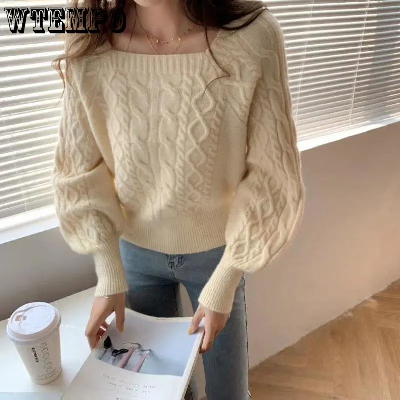 

WTEMPO Sweaters Women Slim Square Collar Long Sleeve Knitting Solid Simple Soft Cozy Tender Design Ulzzang Feminine Pullovers