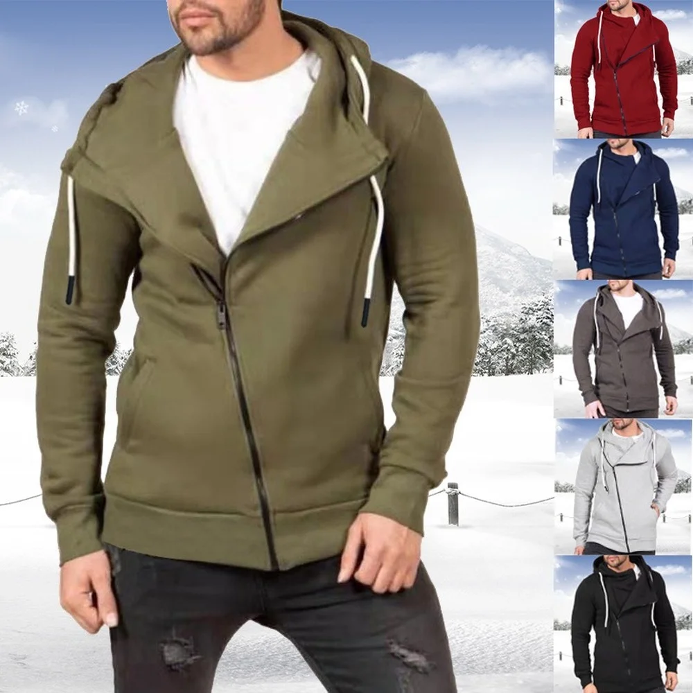 

Men's diagonal zipper irregularly designed fall/winter hooded sweatshirt