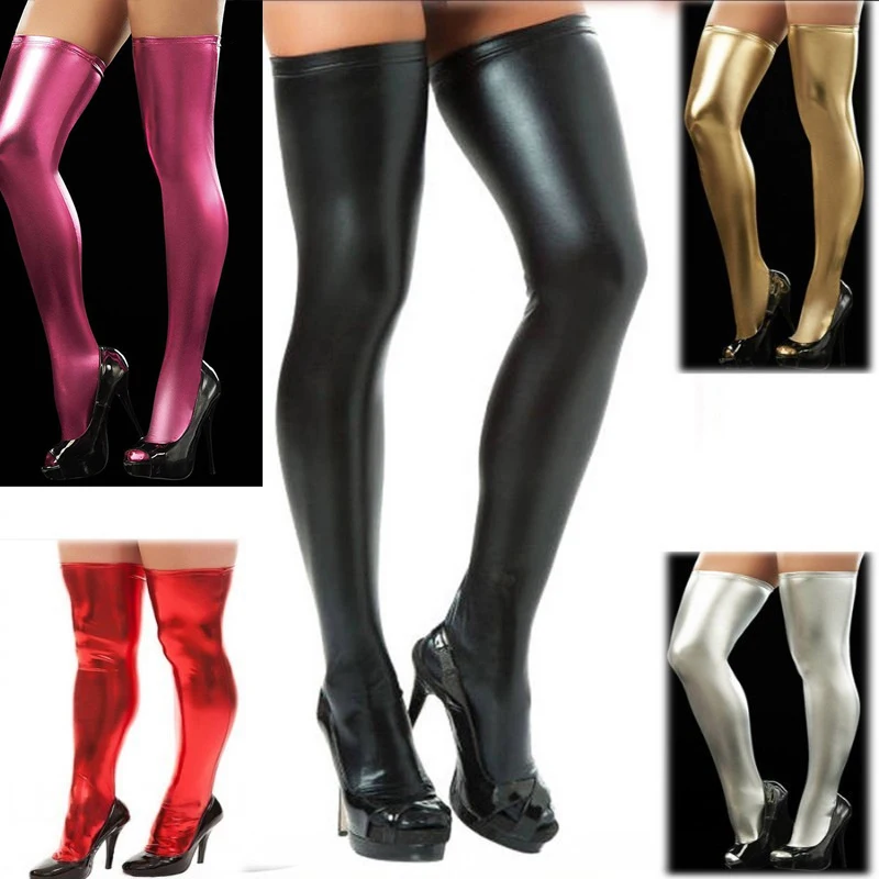 

Sexy Alluring Leather Bodysuit Solid Faux Leather Pants Thigh Stockings