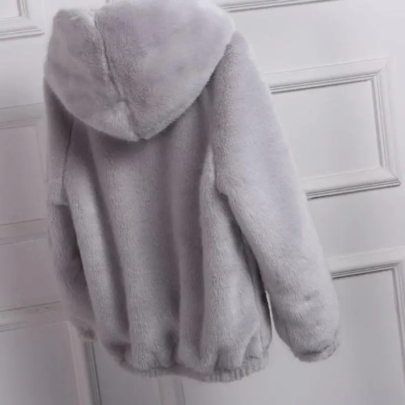 2022 Winter New Korean Version Of Loose Imitation Mink Women Hooded Jacket Solid Color Thick Zipper Warm Pocket Sweet Girl Coat