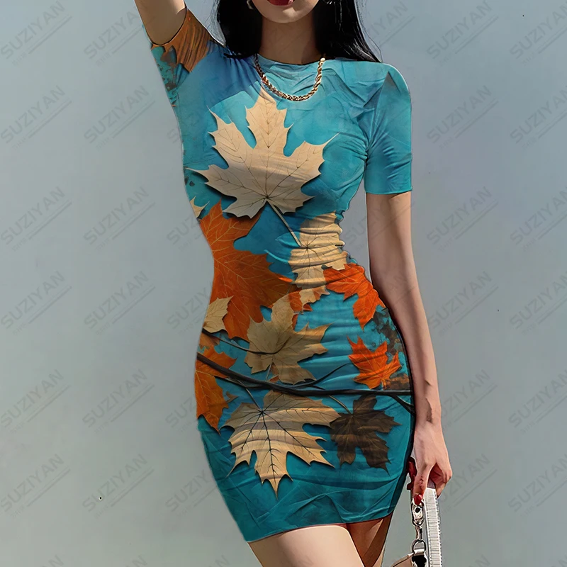 

Summer Fashion Ladies Tight Skirt Art Oil Painting 3D Printing Dress Simple Comfortable Dress Round Neck Versatile Dress