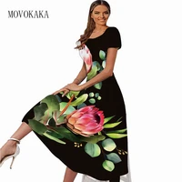 movokaka spring summer women long dress beach casual short sleeve slim vestidos elegant square collar print black dresses party