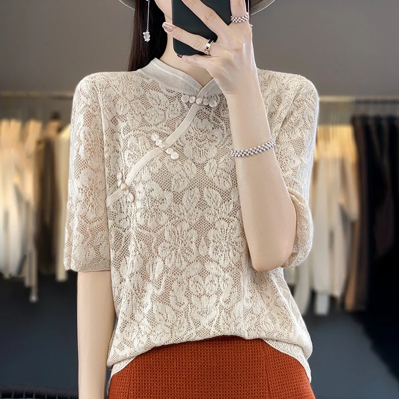 

Summer New Cheongsam Collar Ladies Worsted Lace Openwork Jacquard Short Sleeve Fashion Thin Five-Point Sleeve T-Shirt