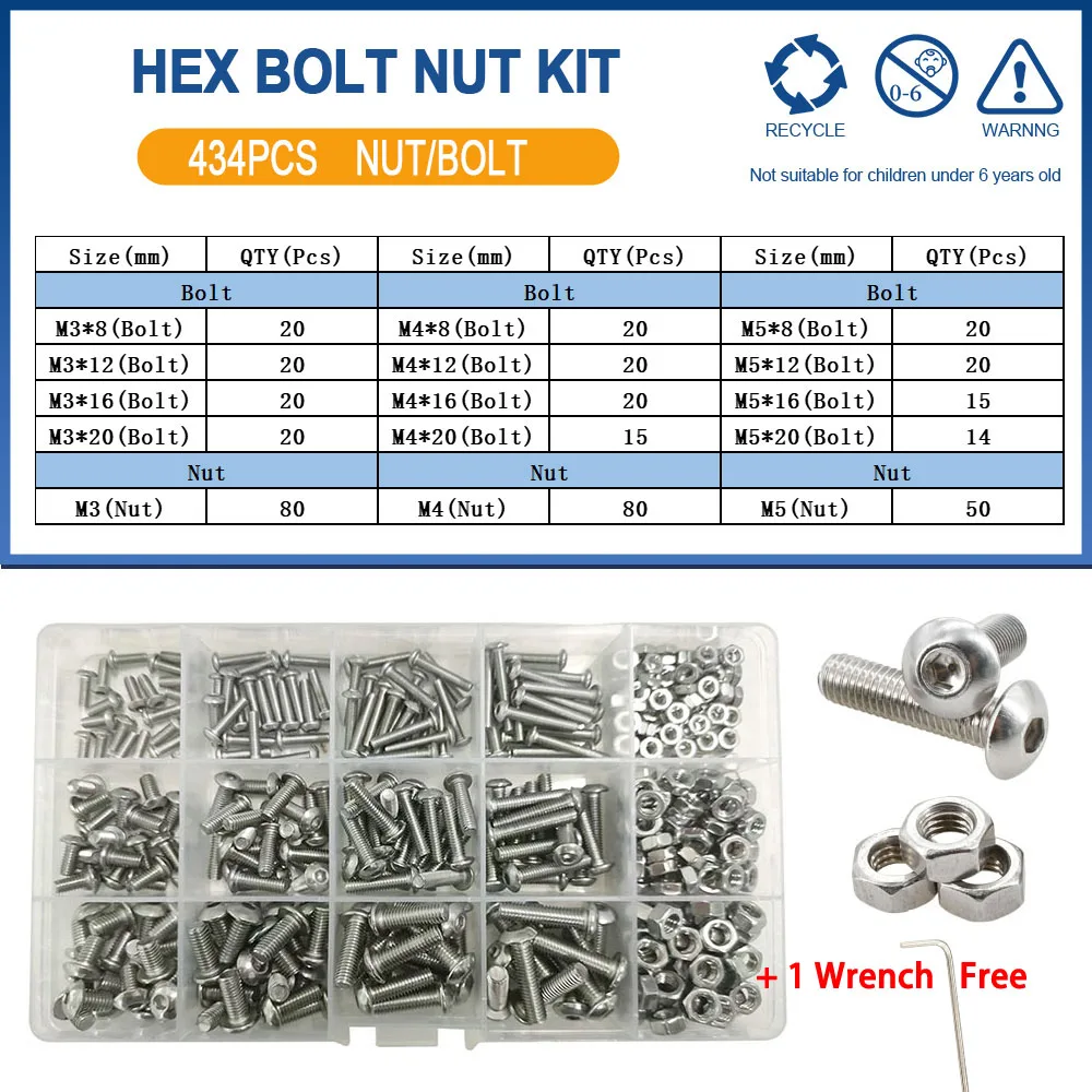 

Набор шестигранных болтов и гаек M2 M3 M4 M5 M6 из нержавеющей стали