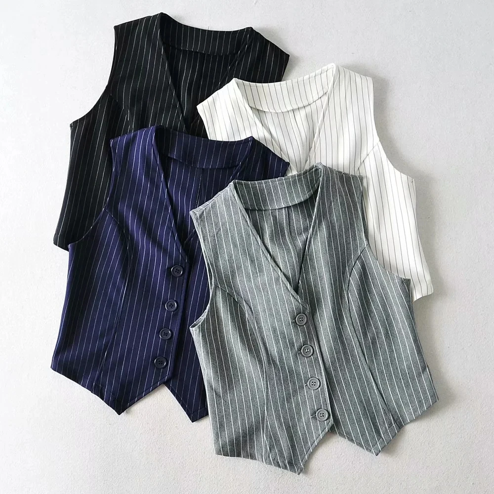 

Summer Womens Vests Single Bottons Striped Waistcoat Vest Office Lady Stretchy Woman Vests Korean Fashion Tops 2021