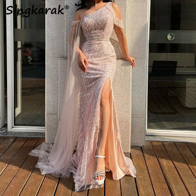 

Sparkly Beading Mermaid Evening Dresses 2023 Dubai Arabic Sparkle Sequins Formal Prom Gowns Wedding Party Wear Robes De Soirée