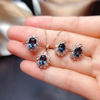 natural lodon blue topaz flower jewelry set 925 silver ring earrings pendant necklace fine wedding jewelry for women