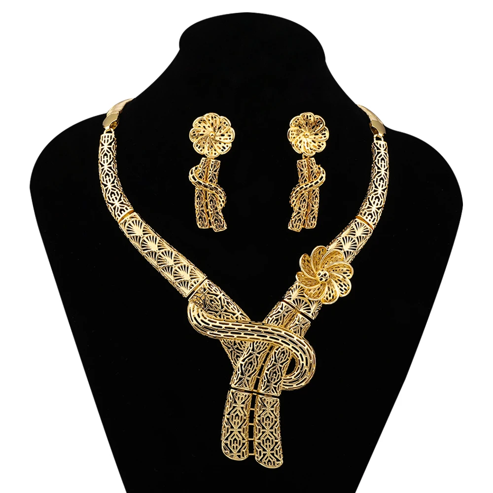 

24K Gold Plated Hollow Flower Design Twisted Necklace Earring Jewelry Set For Indian Dubai Party Wedding Bridal Birthday Gift