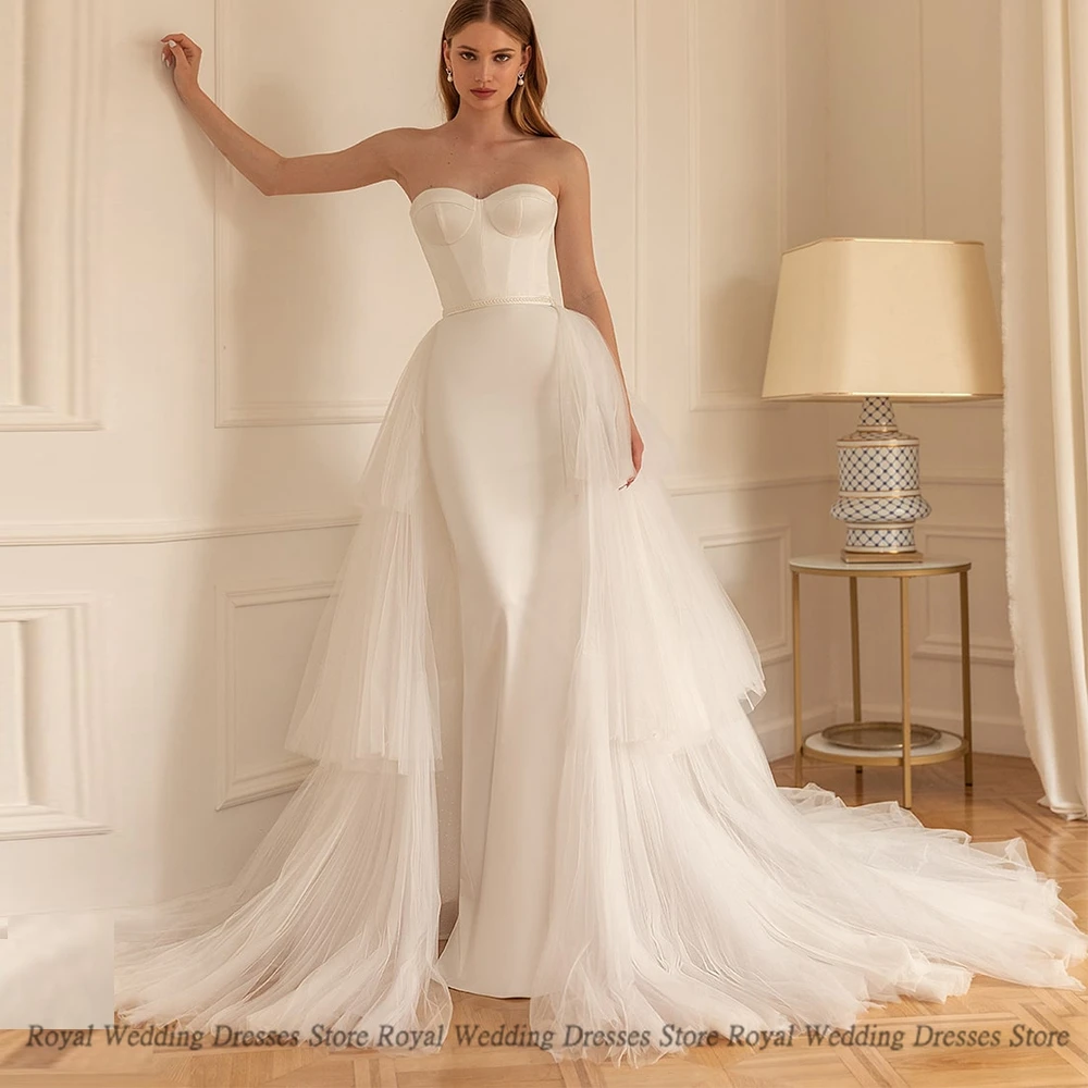 

Simple Mermaid Wedding Dresses Strapless Sexy Open Back Satin Layered Sweep Tulle 2022 Summer Floor Length Gowns Robe De Ma
