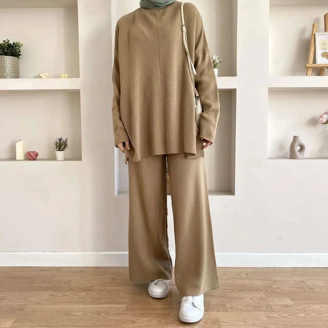 Ramadan Autumn Winter Knitted Muslim Sets Women Dress Abaya 2 Piece Sweater Pant Set Turkey Party Kaftan Islam Modest Outfits